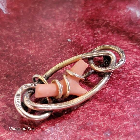 Victorian 14K Gold Love Knot Brooch with Pink Coral -Heirloom - Picture 6 of 10